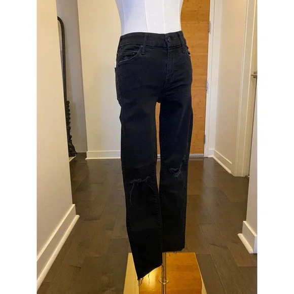 MOTHER Looker Ankle Fray Black Denim Jeans Women's Size 23 Distressed - Picture 2 of 7